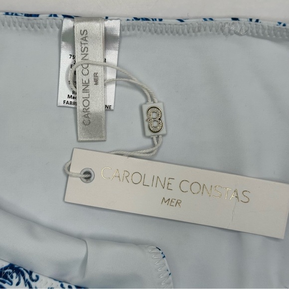 NWT CAROLINE CONSTAS Blue Toile Evie Bandeau Bikini Top Mykela Bikini Bottom LG - Picture 14 of 16